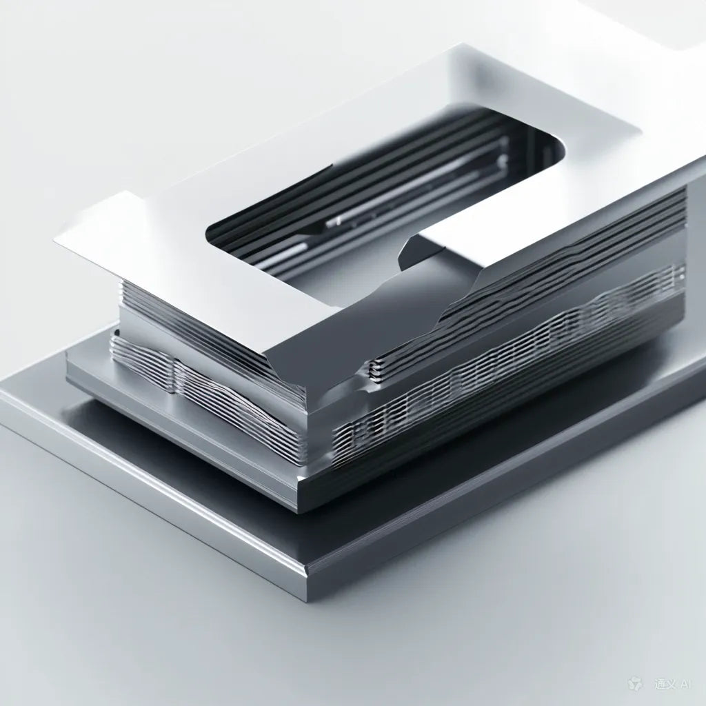 The image shows a 3D rendering of a silver metal box with a rectangular shape and a cutout section on one side, revealing multiple layers of intricate patterns inside