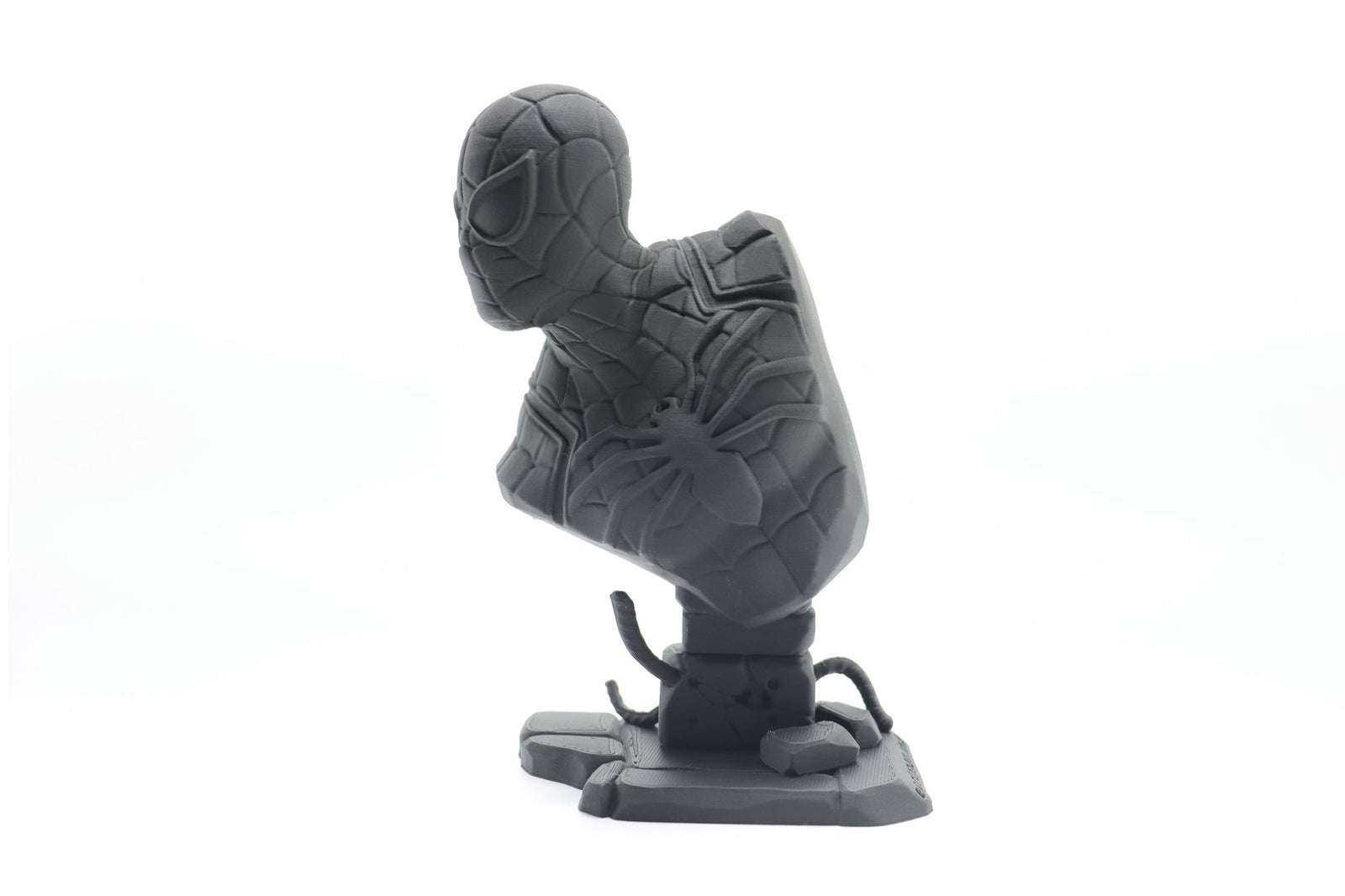 PLA 3D-printed Spider-Man bust, showcasing the application of sanding techniques to smooth layer lines and enhance the overall aesthetic.