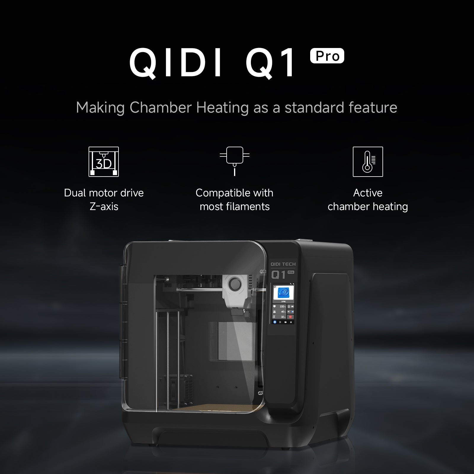 QIDI Q1 Pro 3D printer with active chamber heating and dual motor drive.