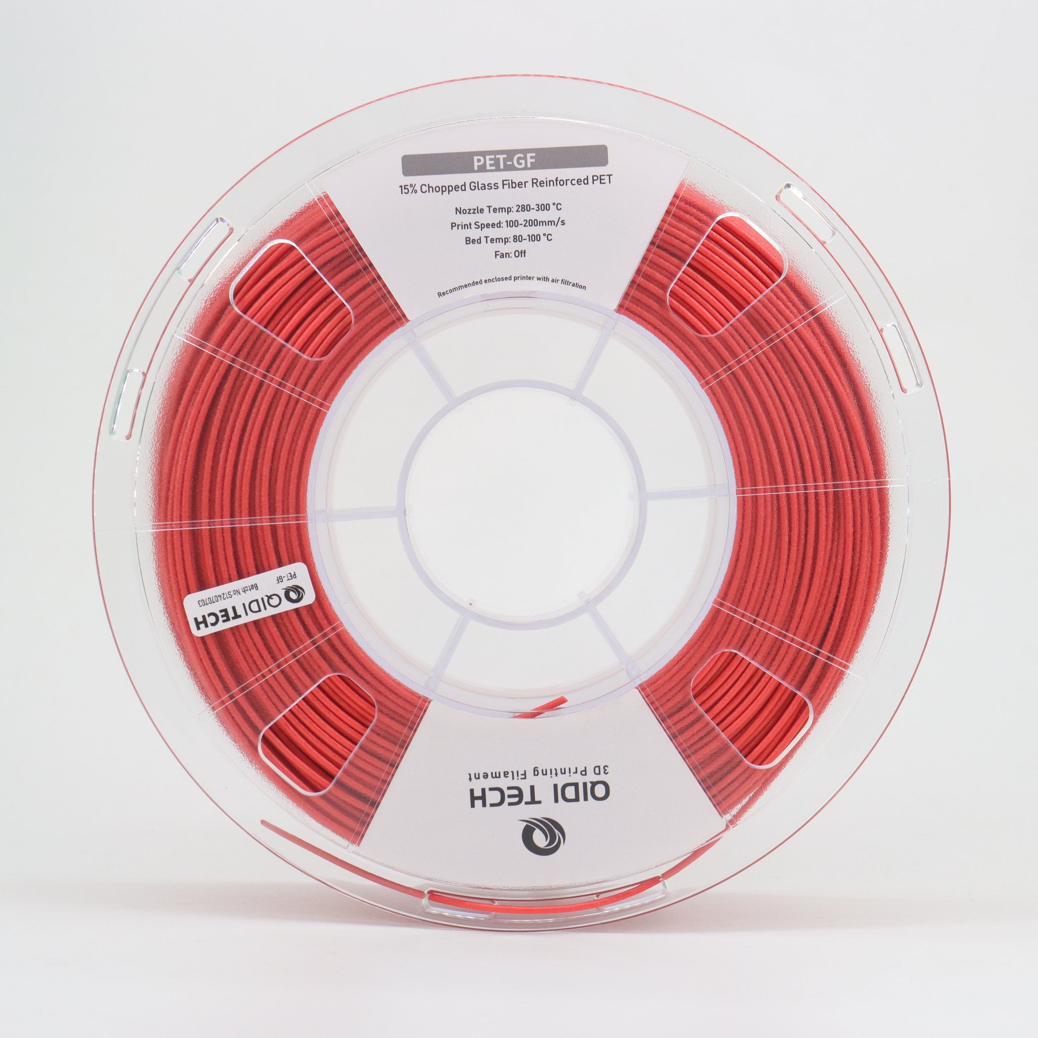 Red QIDI PET-GF filament spool, 3D printing material.
