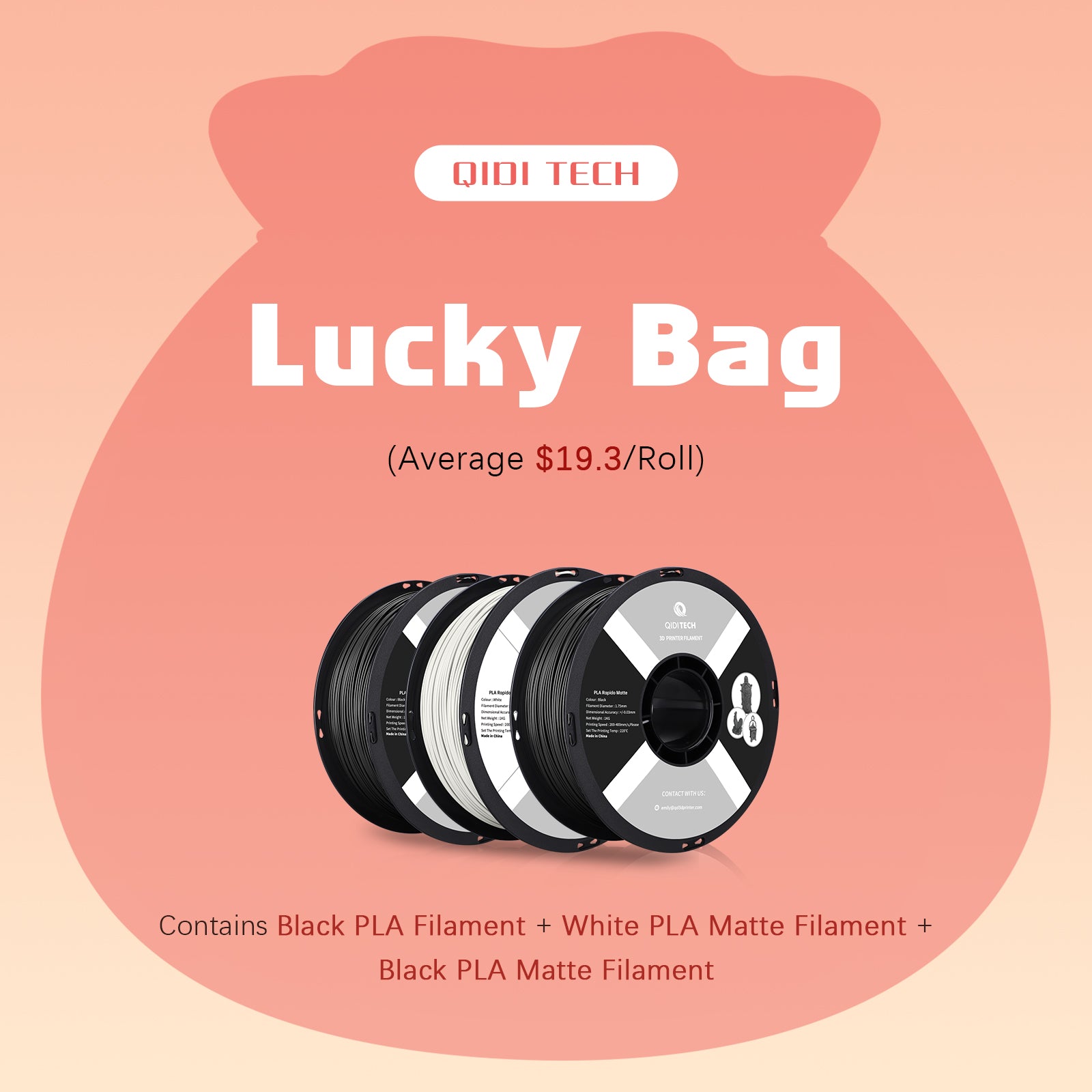 Lucky Filament Bag: PLA Schwarz + PLA Mattweiß + PLA Mattschwarz